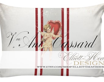 Valentine Pillow, Love Pillow, French Valentine, Romance, French Style Throw Pillow Cushion Cotton with Cotton or Burlap Back #VA0074