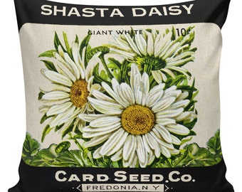 Spring Pillows, Botanical Pillows, Seed Packet, Daisies, Floral, Cushion Covers, Throw Pillows, Made in USA, Cotton, Burlap,   #EHD0158