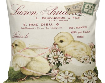 Antique Easter Botanical Print Document Burlap Cotton Spring Chicks Eggs Throw Pillow Cover #SP0082