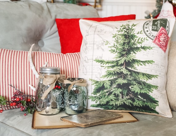 Christmas Pillow Vintage Holiday Tree French Style Cotton Front
