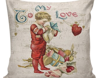 Valentine Pillow, Love Pillow, Romance, French Style Throw Pillow Cushion Cotton with Cotton or Burlap Back #VA0054 Elliott Heath Designs