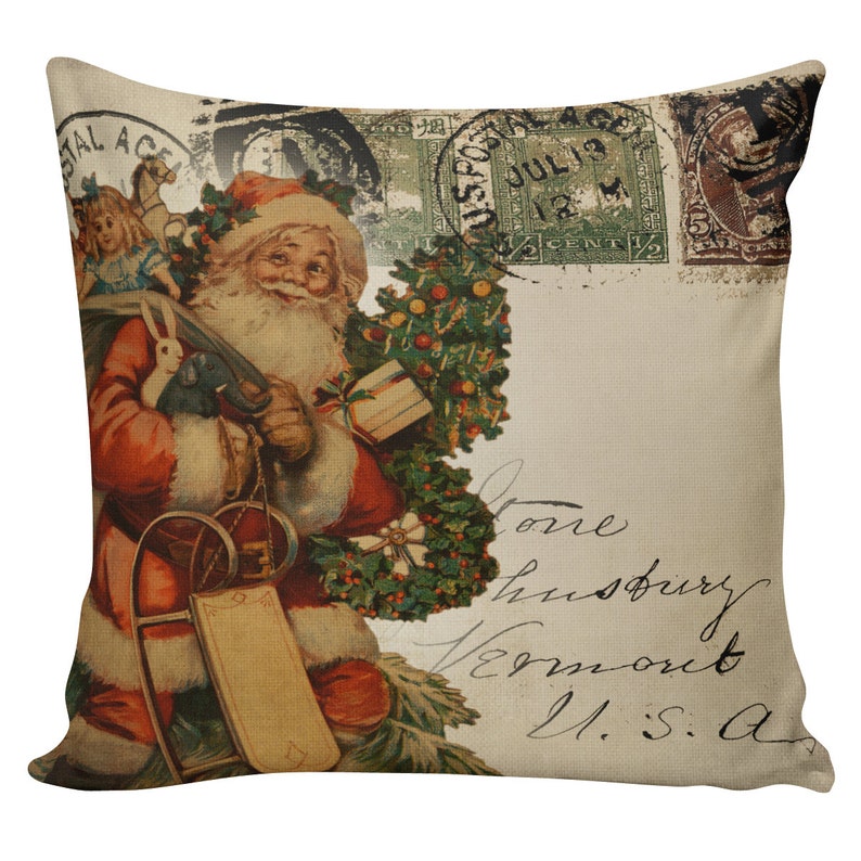 Holiday Throw Pillow Cover Vintage Santa Christmas Document Etsy