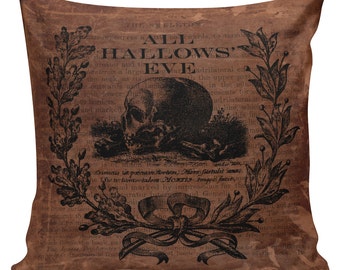 Halloween Skull Pillow Cushion Cotton Burlap Elliott Heath Designs #HA0114 Brown Black Vintage Style