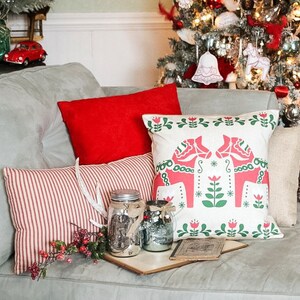 Holiday Pillow Cover Swedish Scandinavian Christmas Sampler Dala Horse French Style Cotton Throw Pillow CH0176 image 2