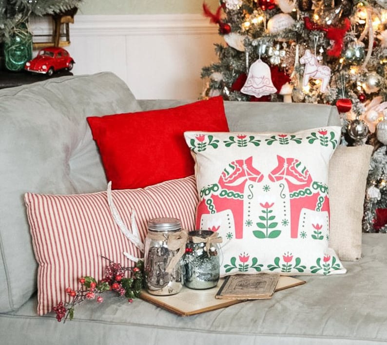 Holiday Pillow Cover Swedish Scandinavian Christmas Sampler Dala Horse French Style Cotton Throw Pillow CH0176 image 2