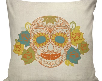 Halloween Cushion Vintage Sugar Skull Autumn Colors Dia De Los Muertos  Pillow Burlap & Cotton Home Decor #HA0157