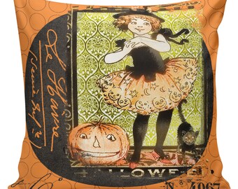 Vintage Halloween Pillow, Vintage Pumpkin Jack o Lantern Witch Cat, Farmhouse Halloween Pillows,  Cotton Throw Pillow Cover #HA0132