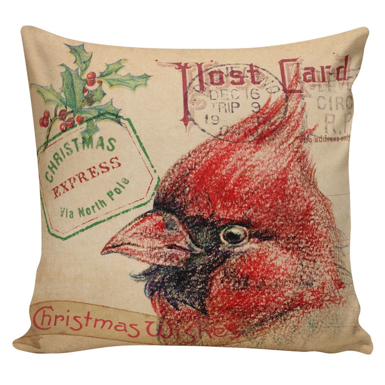 Christmas Pillow Throw Pillow Cover French Vintage Cardinal on Postmark Document Background Burlap & Cotton Home Decor CH0107 image 1