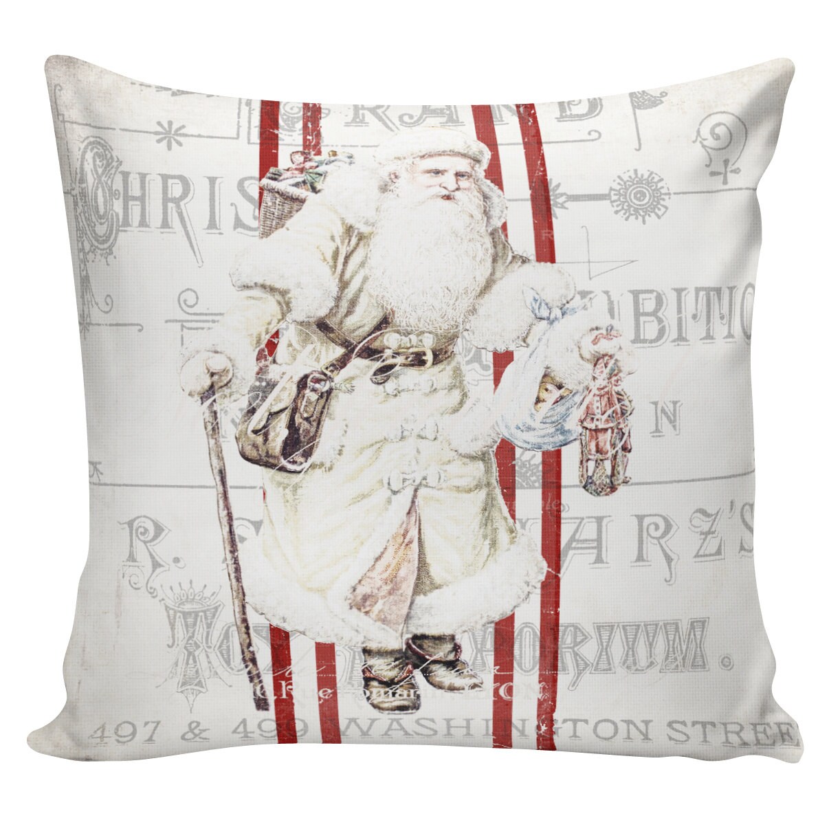 Cotton Chambray Printed Pillow with Santa Image & Tassels main image 1