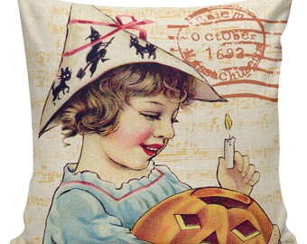 Halloween Pillow Vintage Witch Jack O Lantern Pumpkin Postcard Burlap ...