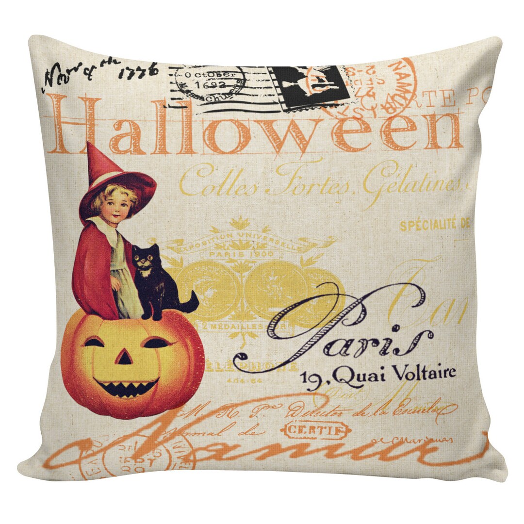 Halloween Pillow Vintage Witch Jack O Lantern Pumpkin Postcard Burlap ...