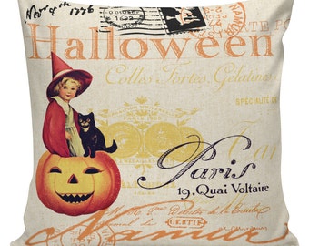 Halloween Pillow Vintage Witch Jack O Lantern Pumpkin Postcard Burlap Cotton Throw Pillow Cover #HA0148