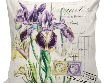 Spring Pillow Antique Botanical Print Document Burlap Cotton Iris Throw Pillow Cover #SP0071, Gift Under 50