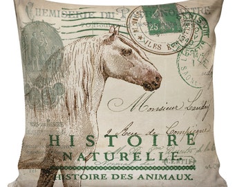 Pillow Cover French Style Equestrian Horse Lover Farmhouse Decor Burlap Cotton Throw Pillow #AN0082