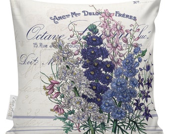 Botanical Pillows, Spring Pillows, Purple Floral Pillow, Delphinium, Farmhouse Decor, Throw Pillows, Made in USA, Cotton Pillow  #SP0247