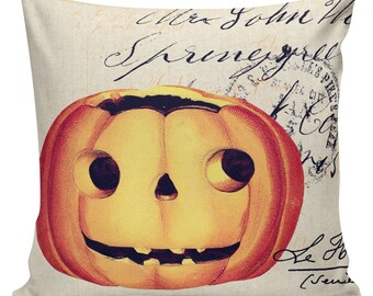 Farmhouse Halloween Pillow, Vintage Jack O Lantern Pumpkin, Halloween Postcard Pillow, Farmhouse Halloween Cotton Throw Pillow Cover #HA0144