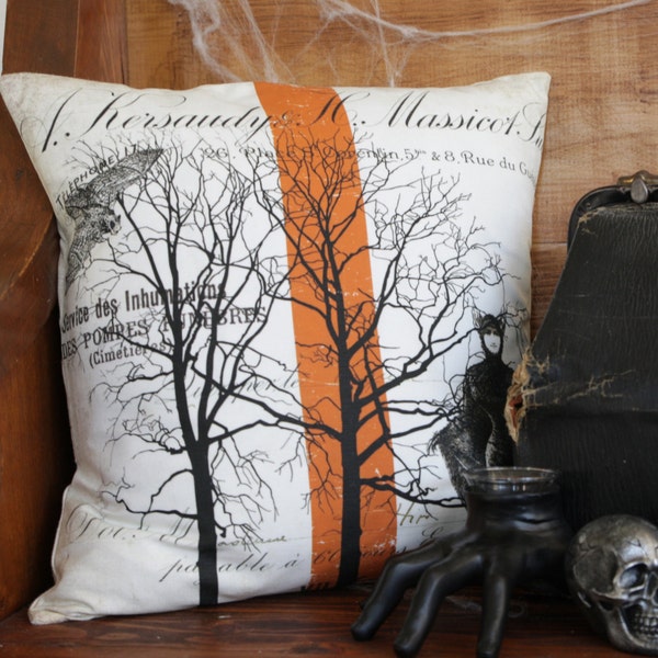 Farmhouse Halloween Pillow, Halloween Grainsack Stripe Cotton Black Orange Pillow Cover, French Halloween #HA0505 Elliott Heath Designs