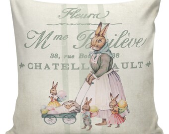 Easter Pillow, Easter Pillow Cover, Easter Rabbits, Bunny, Feedsack Stripe, Cotton, Spring Throw Pillow Cover. #SP0150 Elliott Heath Designs