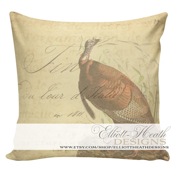 Thanksgiving Pillow Vintage Fall Turkey French Decor Burlap Cotton Throw Pillow Cover #AN0021 Elliott Heath Designs