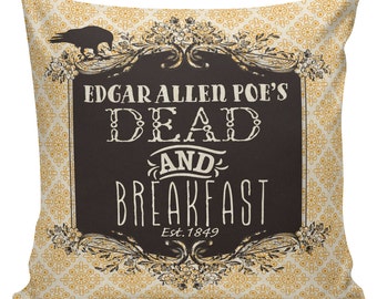 Farmhouse Halloween Decor, Fall Pillow, Vintage Pillow, Halloween Dead and Breakfast, Edgar Allen Poe Cotton Throw Pillow Cover #HA0206