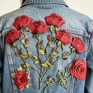 Embroidered Red Rose Patch Set, 3D Floral Appliqué for DIY Fashion Jackets