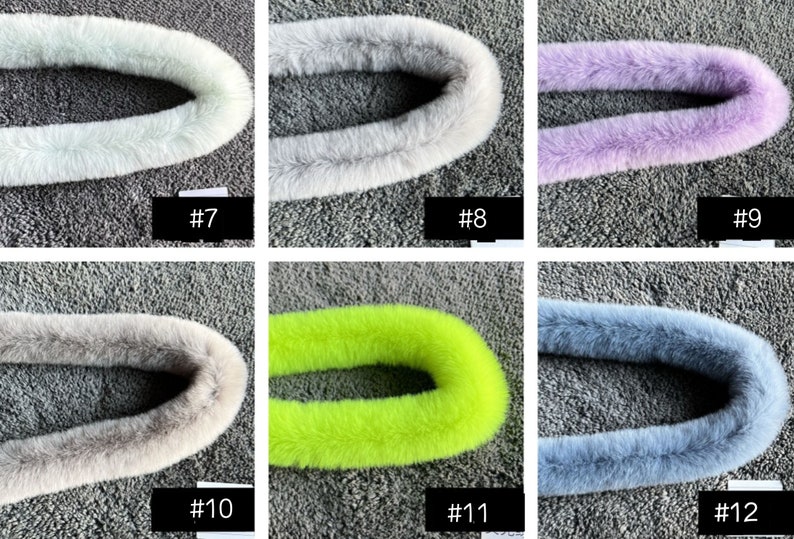 May include: Six different colours of faux fur trim, each in a circle shape. The colours are light grey, grey, purple, beige, lime green, and blue.