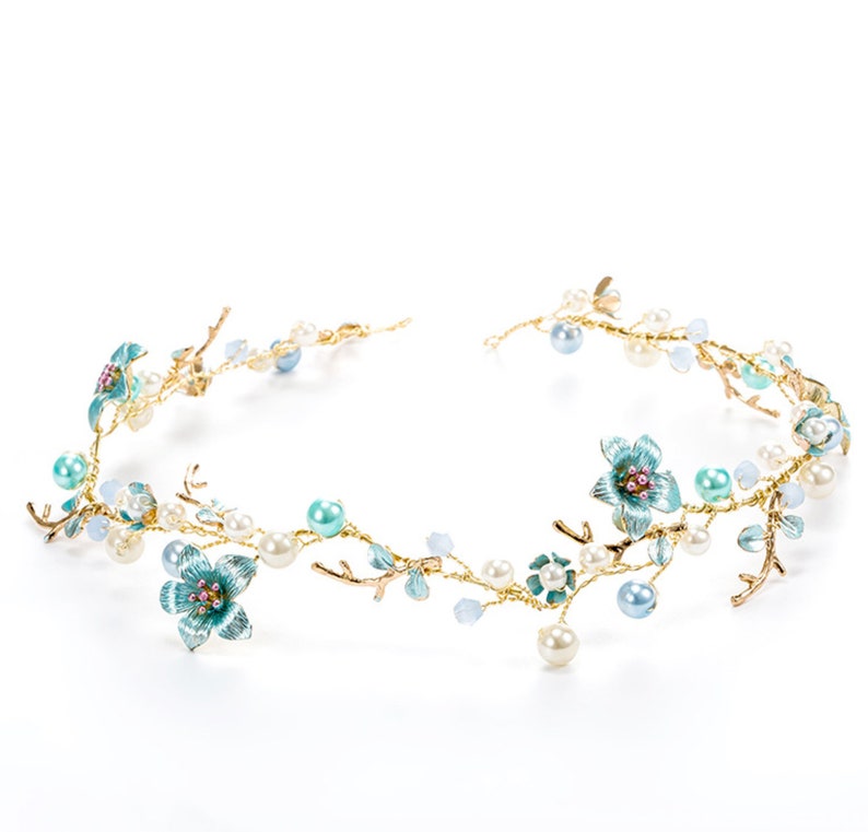 Wedding Tiara Small Blue Flower Vines Blue Flower Tiara Wire image 1