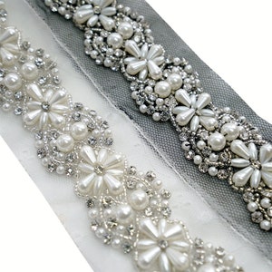 Rhinestone Crystal Pearl Trim: Bridal Dress Applique (45cm)