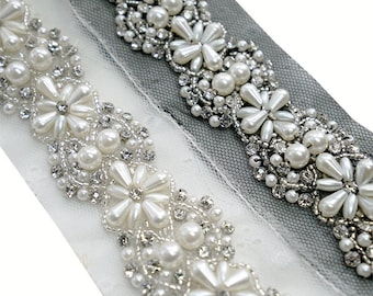 45cm Rhinestone Crystal Pearl Trim – Bridal Dress Sew-On Lace Beaded Trim with Faux Pearls