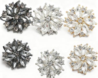 4/6 Piece Rhinestone Flower Buttons: Gold/Silver/Gun Black Crystal Shank Embellishments