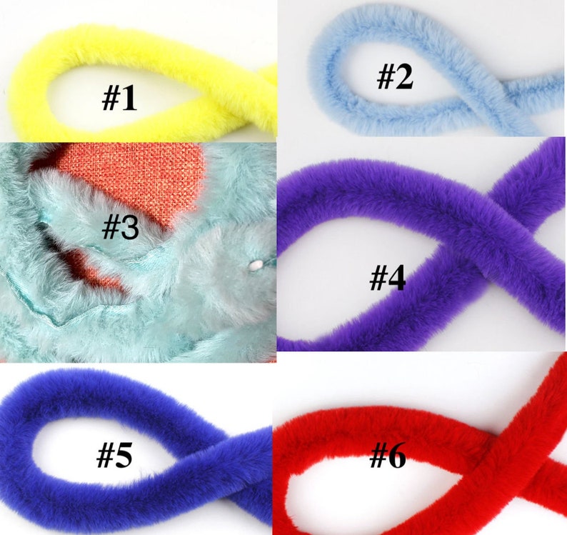 May include: Six different colors of faux fur trim, each in a loop. The colors are yellow, light blue, light blue, purple, blue, and red. The trim is labeled with numbers 1 through 6.