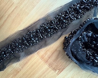 Black Faux Pearl Beaded Lace Trim - Wedding Dress Embellishment (1 Yard)