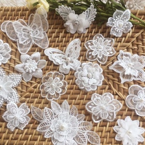 10 Pieces Wedding Lace Butterfly Flower Set,  Pearl Flower Headpieces & Craft Materials for Decoration, Lace Flowers, Wedding Lace Flower