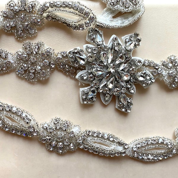 Snowflake Crystal applique trim, Rhinestone applique trim, Bridal rhinestone crystal trim, Vintage Wedding, Sash belt supply - NO RIBBON