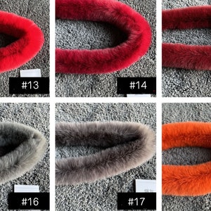 May include: Six different colours of faux fur trim, each shown as a loop. The colours are red, burgundy, grey, and orange. The trim is labelled with numbers 13 through 18.
