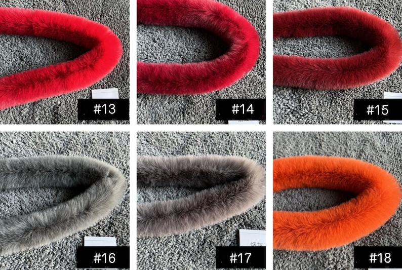 May include: Six different colours of faux fur trim, each shown as a loop. The colours are red, burgundy, grey, and orange. The trim is labelled with numbers 13 through 18.