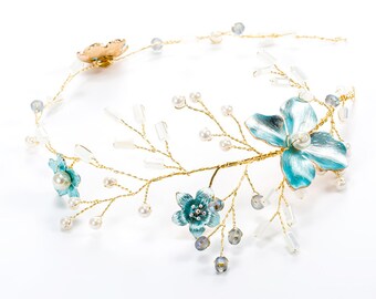 Wedding Tiara Blue Pearl Flower Leaf Vines, Blue Flower Tiara Wire, Bridal Hair Jewelry Wedding Supply - No ribbon
