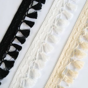 2 Yard Cotton Tassel Trim: Black, White, or Ivory Sewing Tape