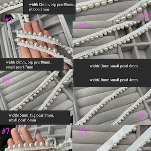 May include: White pearl trim in various widths and pearl sizes. The image shows multiple samples of decorative trim with different pearl arrangements and ribbon widths. The text on the image indicates the dimensions of each trim.