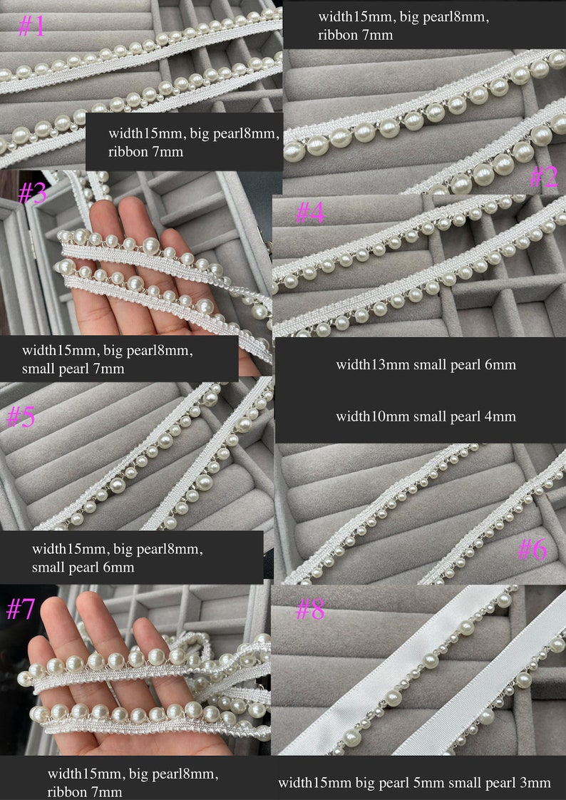 May include: White pearl trim in various widths and pearl sizes. The image shows multiple samples of decorative trim with different pearl arrangements and ribbon widths. The text on the image indicates the dimensions of each trim.