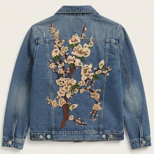 Large Floral Embroidered Patch, Cherry Blossom Peony Applique, Denim Jacket Art (31cm x 70cm)
