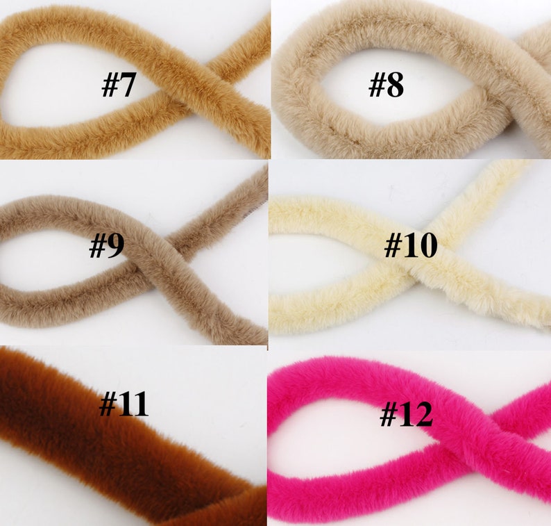 May include: Five different colors of faux fur trim, labeled #7, #8, #9, #10, #11, and #12. The colors are brown, beige, light brown, cream, dark brown, and pink.