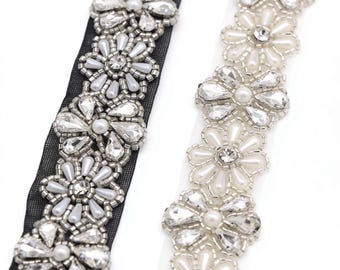 Adorno de perlas de cristal de estrás de 45 cm: adorno de encaje para coser en vestido de novia con perlas artificiales