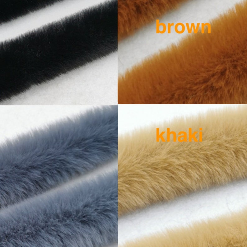 May include: Four strips of faux fur in different colours: black, brown, khaki, and grey. The fur is soft and fluffy.
