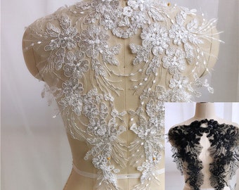 A Pair - Cream White Black beaded leaf lace, Flower lace, Black beaded lace, Sequin lace applique, Embroidery lace, Wedding flower lace