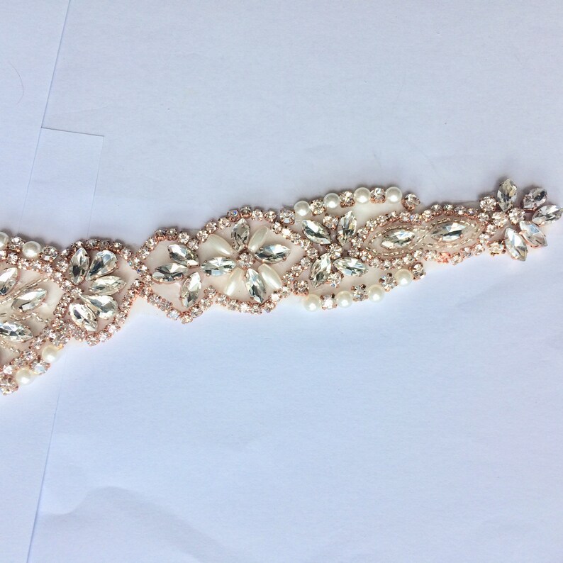 Iron On Sew On Rhinestone Crystal applique Silver Gold Pearl Rhinestone applique NO RIBBON Wedding dress long applique Rose Gold