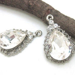 Rhinestone Pear Pendant: Silver Plate Teardrop Charm (2cm x 3cm)