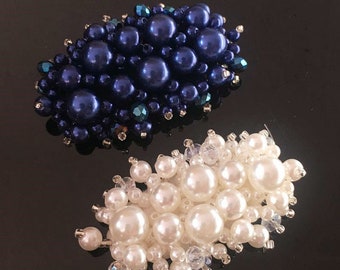 2 Pieces - Dark Blue Or Cream Pearl Rhinestone patch supply, Crystal wedding headpiece supplies, Clutch, Doll, Shoes supplies, Sewing supply