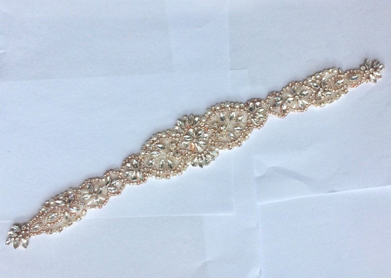 Iron On Sew On Rhinestone Crystal applique Silver Gold Pearl Rhinestone applique NO RIBBON Wedding dress long applique Rose Gold