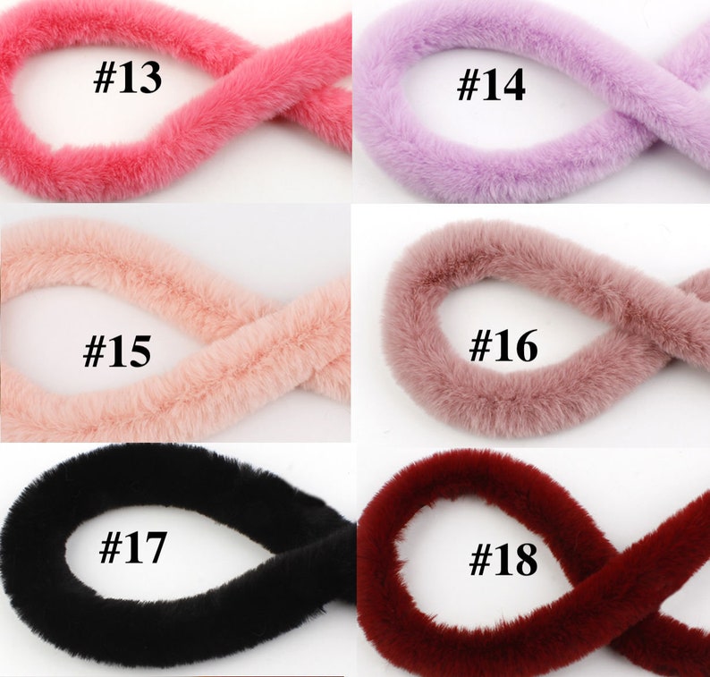 May include: Five different colors of faux fur trim, each shown in a loop. The colors are pink, purple, light pink, rose, black, and burgundy. The trim is labeled with numbers 13 through 18.